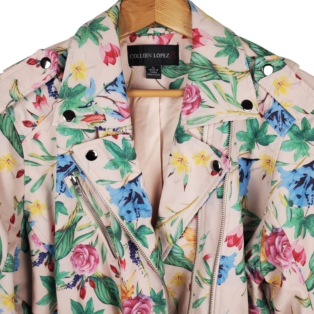 Colleen Lopez Floral Faux Leather Jacket - Pink, Blue, Green, Yellow. XL - Picture 2 of 10
